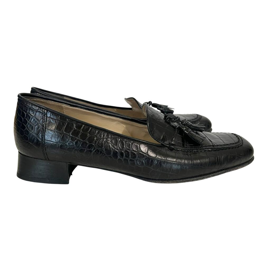 Vintage Womens Croc Embossed Leather Tassle Loafers 9 N Old Money Academia Italy